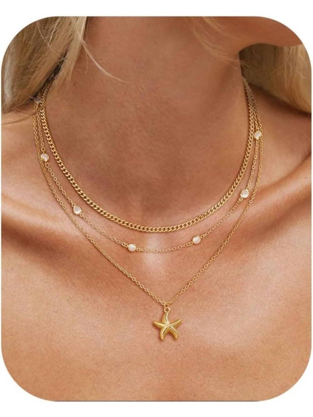 Women's 3pcs Starfish Cz Cuban Chain Pendant Layered Cuban Link Necklace